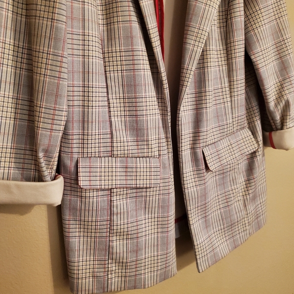 LIVERPOOL Los Angeles Gray White Glen Plaid Knit Open Front Boyfriend Blazer M - Picture 4 of 12